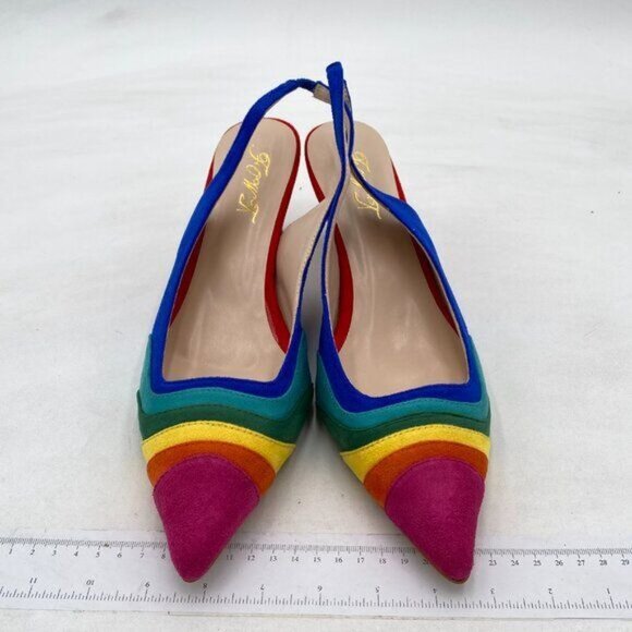 FOWT Bright Rainbow Pointed Toe Kitten Heeled Slingback Pumps Sandals Shoes - Picture 3 of 8